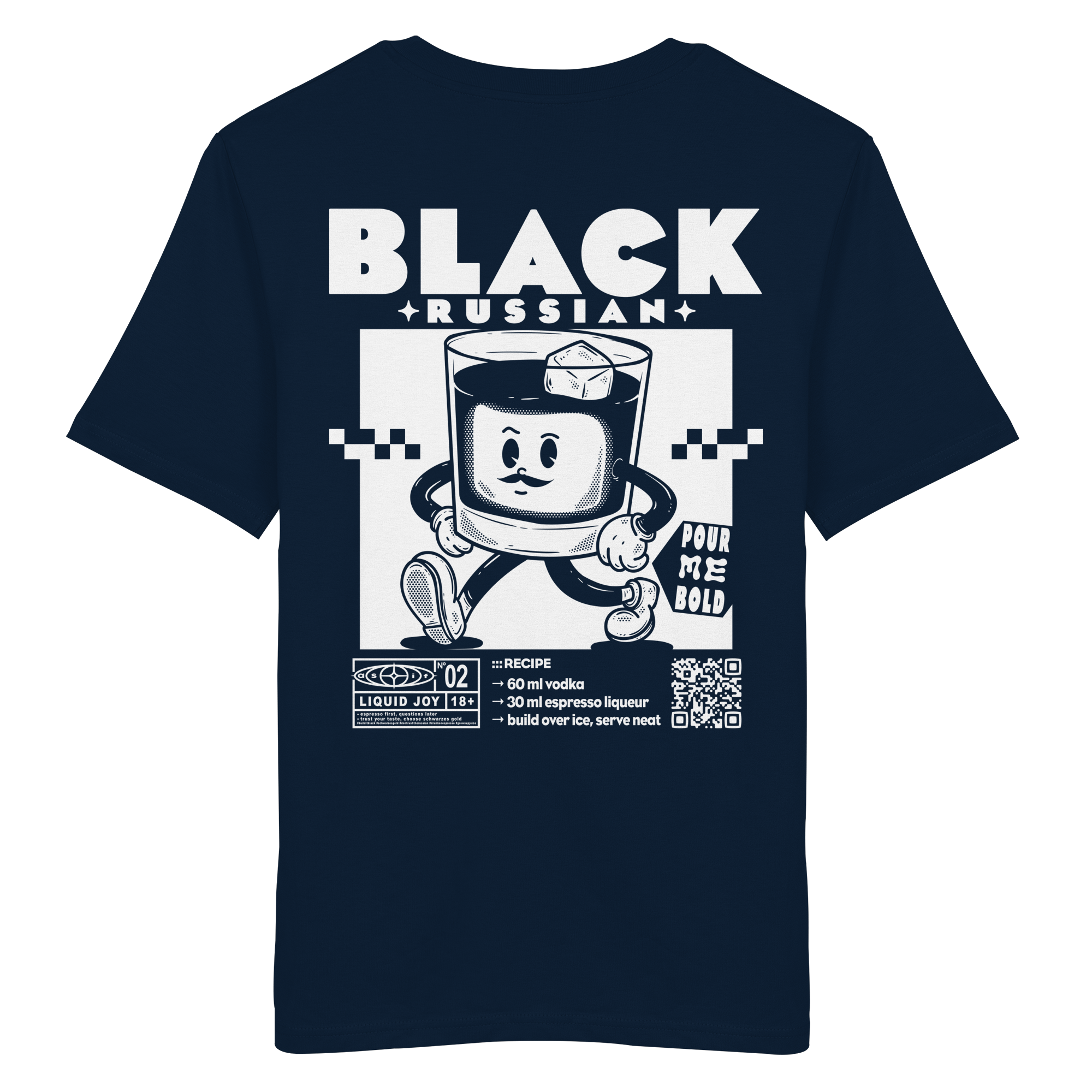 Black Russian Bio-Tee in French Navy, Rückseite mit Cocktail-Print — as.if.threads