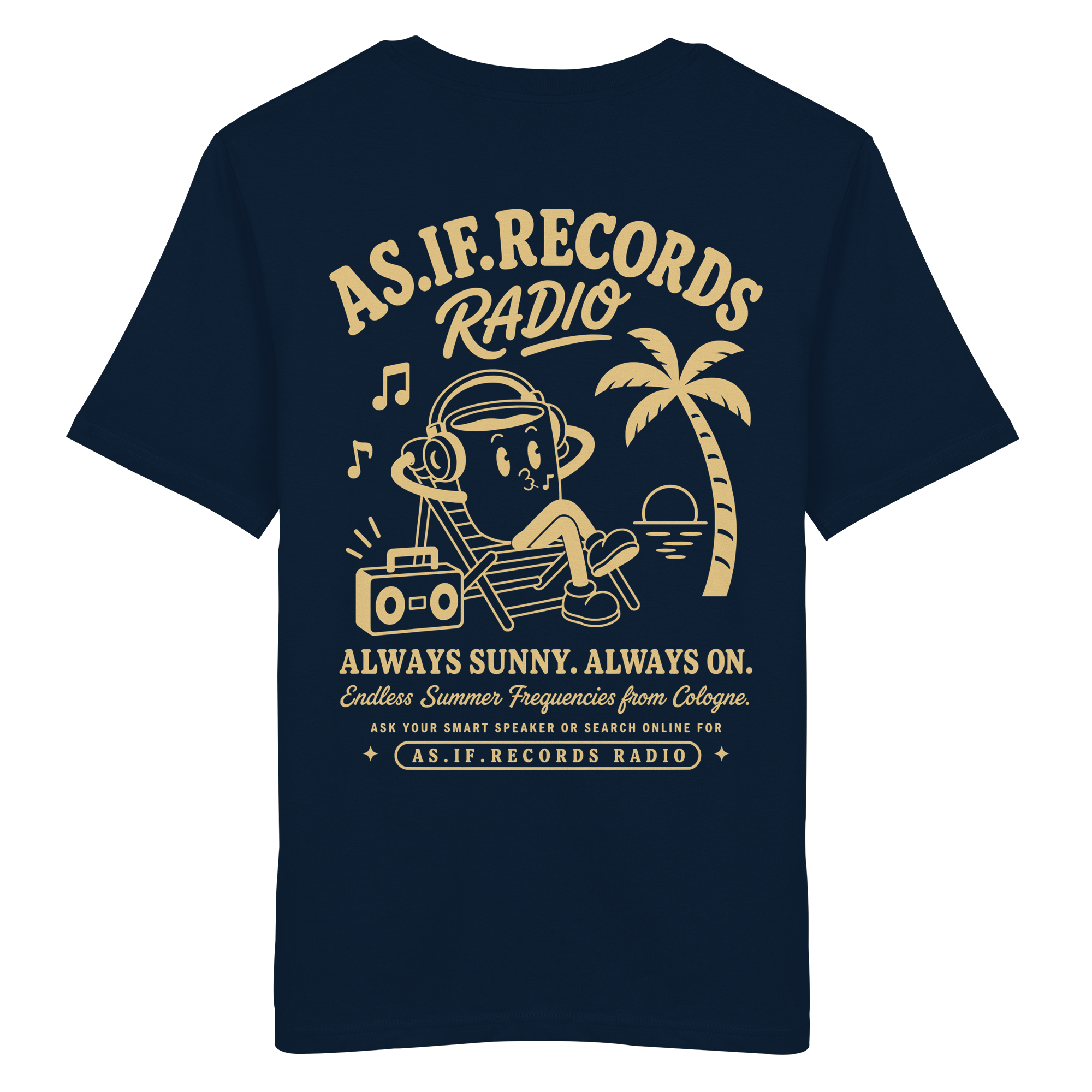 Endless Summer Bio-Tee in French Navy, Rückseite mit AS.IF.RECORDS RADIO Print — as.if.threads