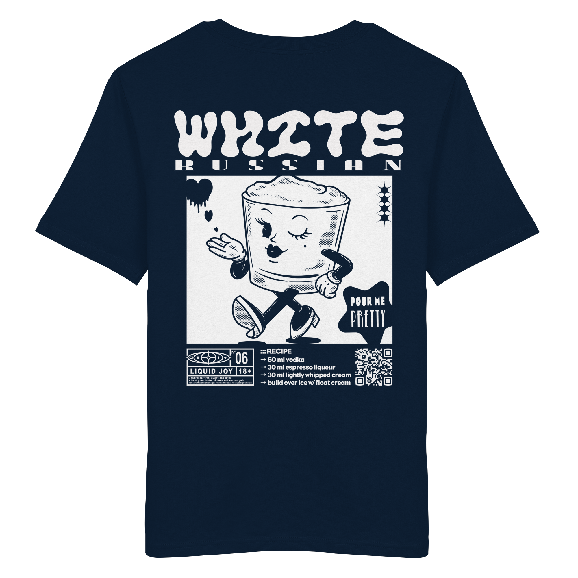 White Russian Bio-Tee in French Navy, Rückseite mit Cocktail-Print — as.if.threads