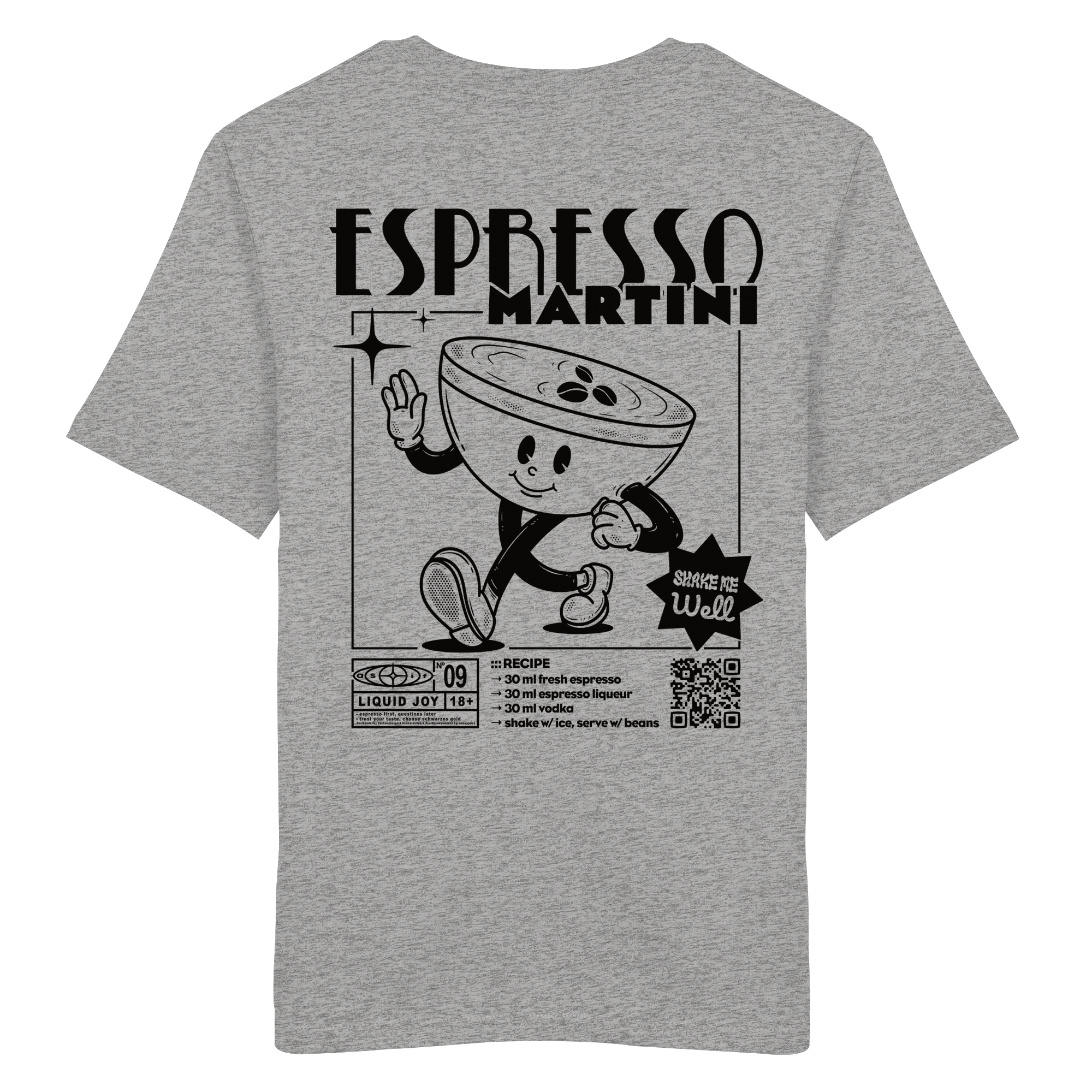Espresso Martini Bio-Tee in Heather Grey — Rückseite mit Maskottchen & Cocktail-Rezept-Print, Stanley/Stella Bio-Cotton aus Köln