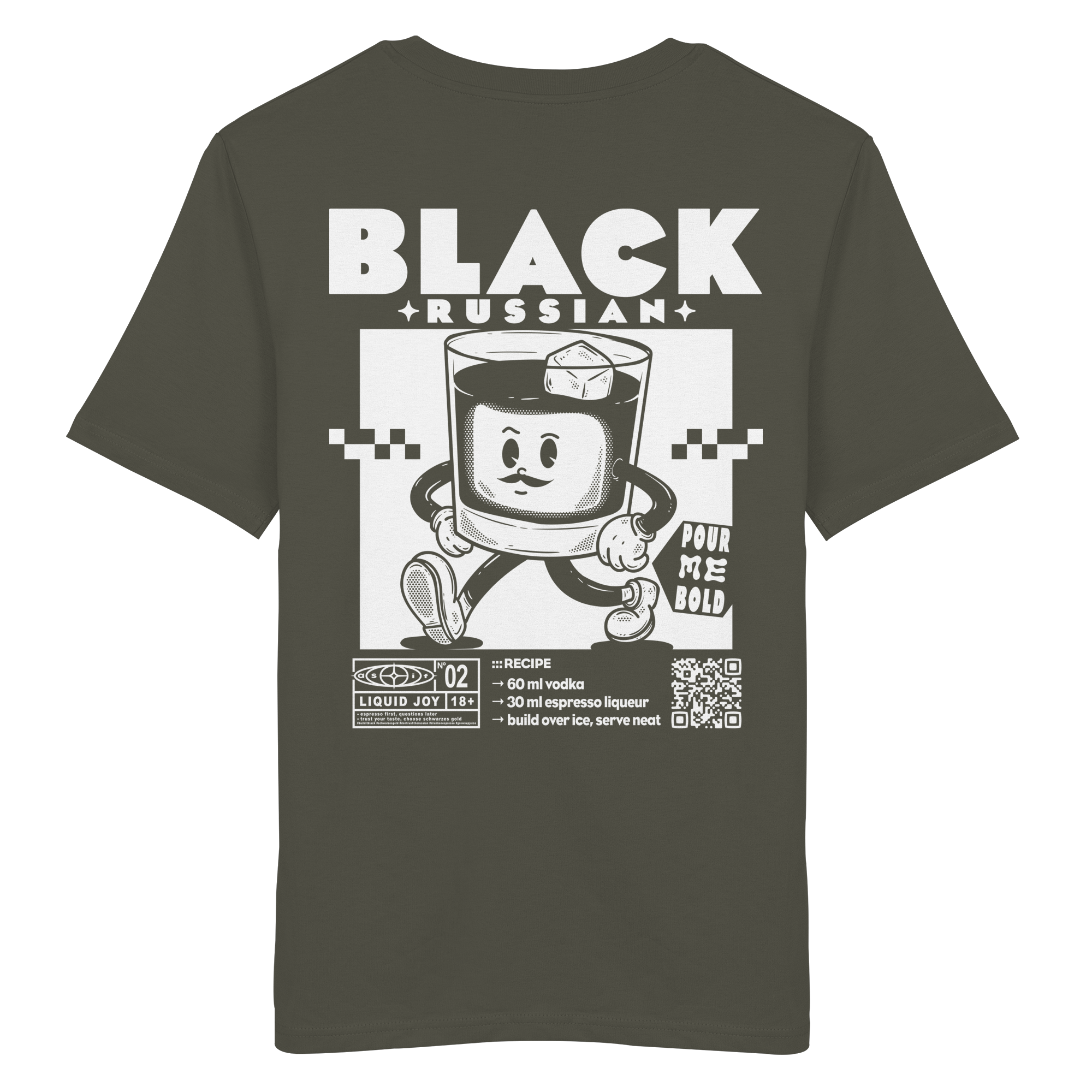 Black Russian Bio-Tee in Khaki, Rückseite mit Cocktail-Print — as.if.threads