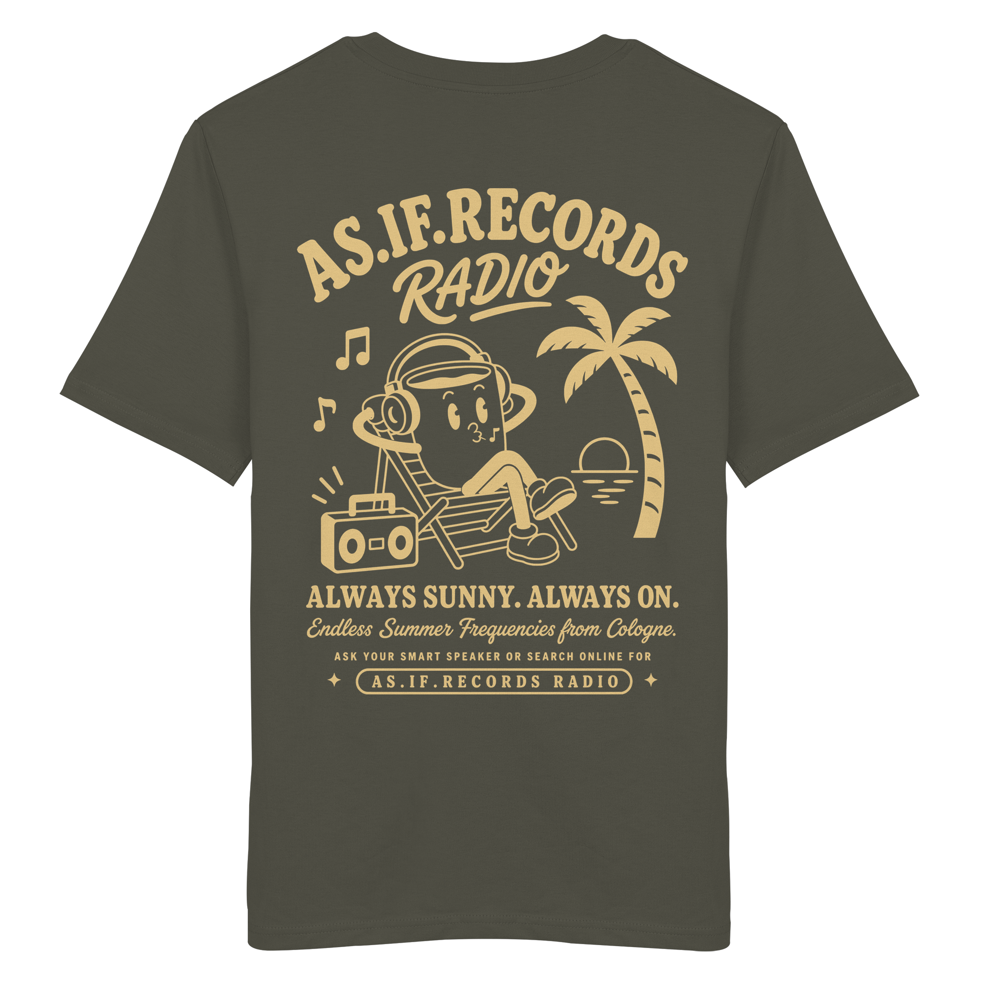 Endless Summer Bio-Tee in Khaki, Rückseite mit AS.IF.RECORDS RADIO Print — as.if.threads