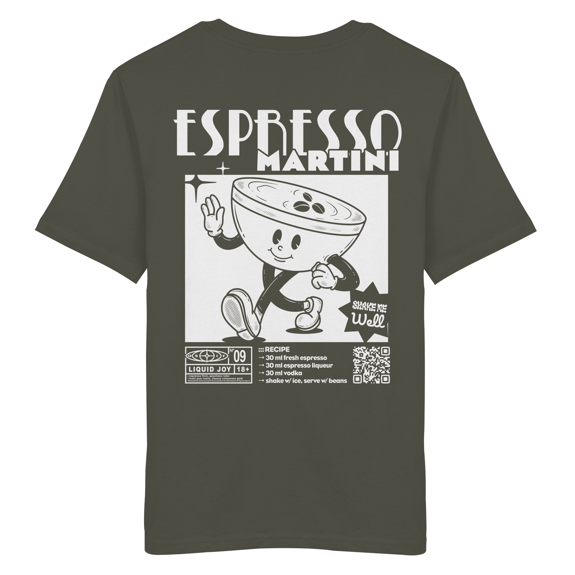 Espresso Martini Bio-Tee in Khaki — Rückseite mit Maskottchen & Cocktail-Rezept-Print, Stanley/Stella Bio-Cotton aus Köln