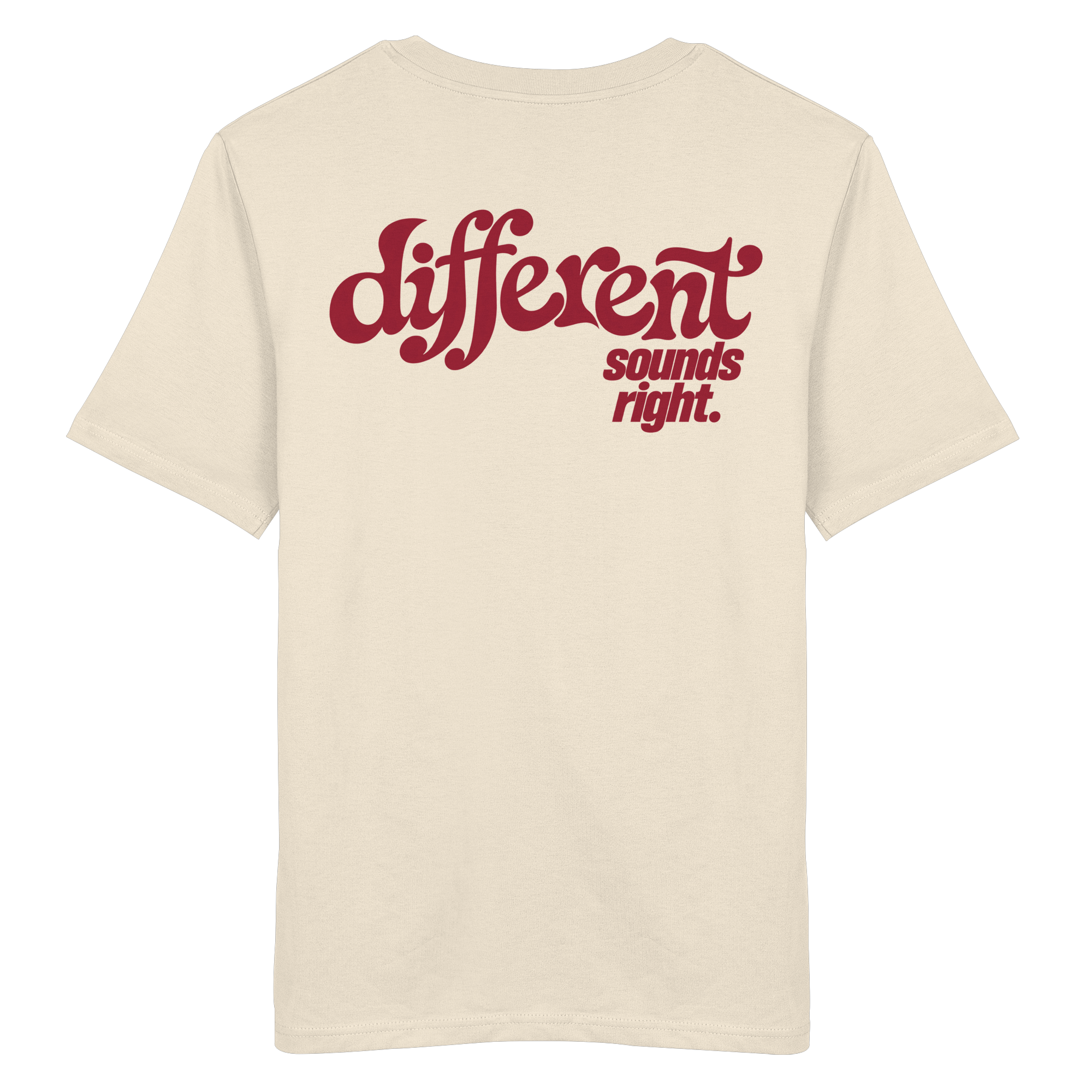 Different Sounds Right Bio-Tee in Natural Raw - Rückenansicht mit großem Backprint - as.if.threads