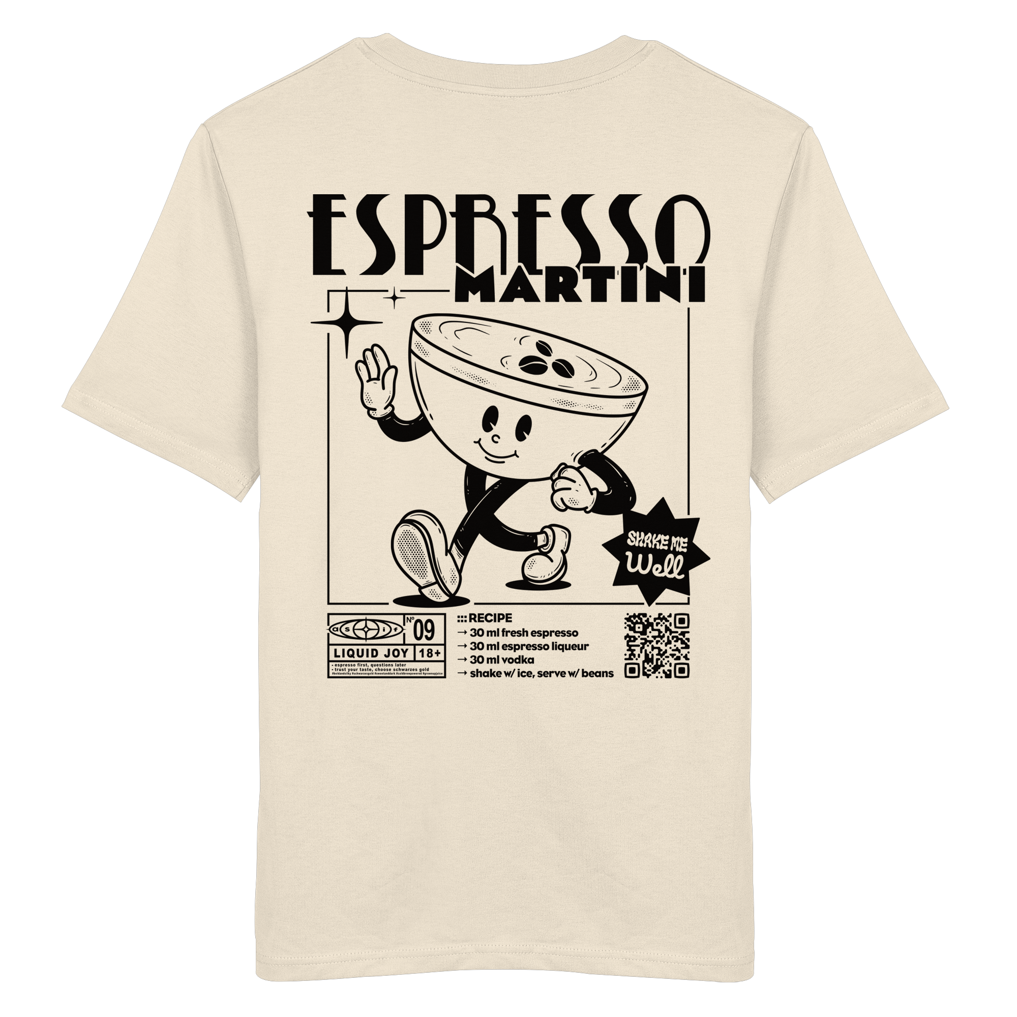 Espresso Martini Bio-Tee in Natural Raw — Rückseite mit Maskottchen & Cocktail-Rezept-Print, Stanley/Stella Bio-Cotton aus Köln