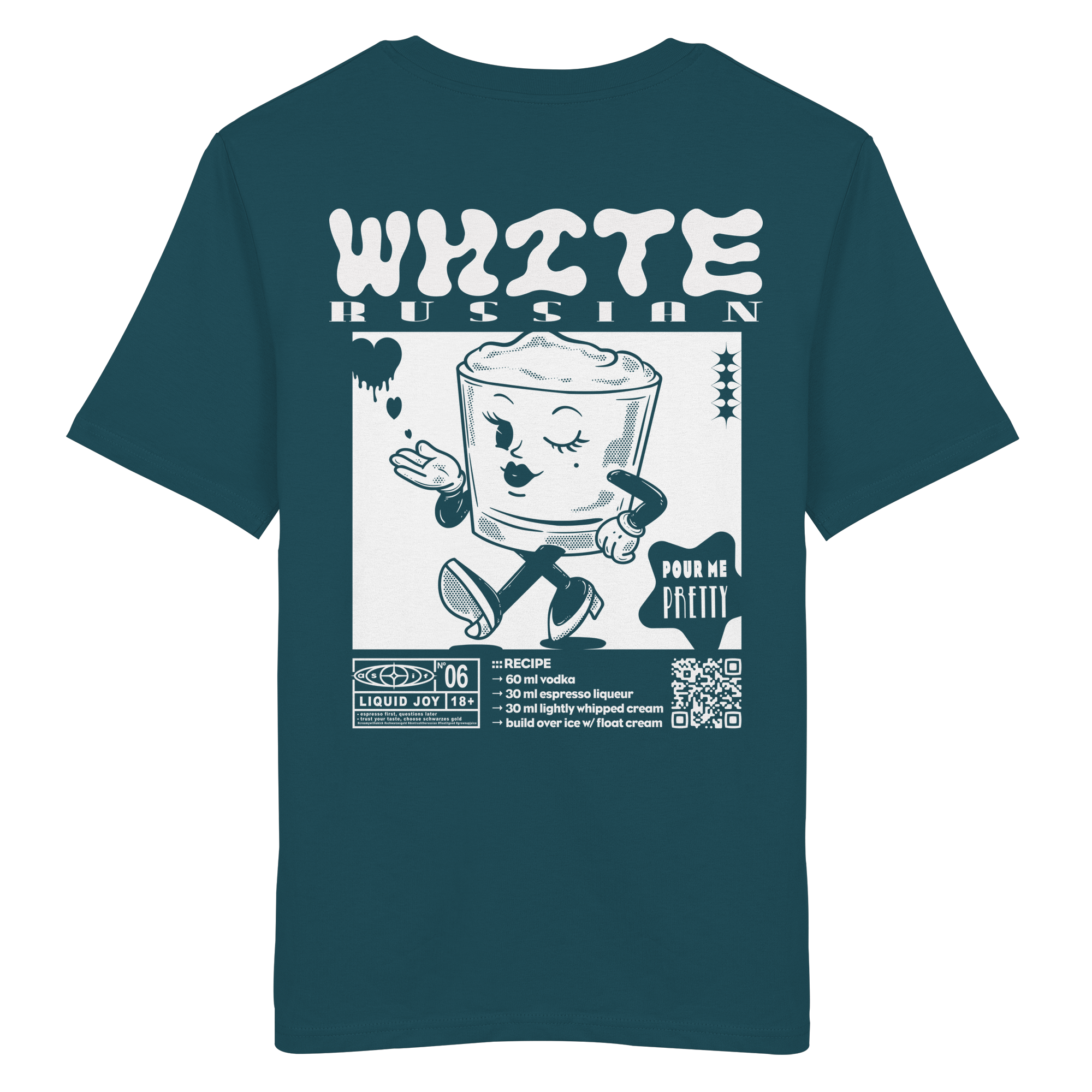 White Russian Bio-Tee in Stargazer, Rückseite mit Cocktail-Print — as.if.threads