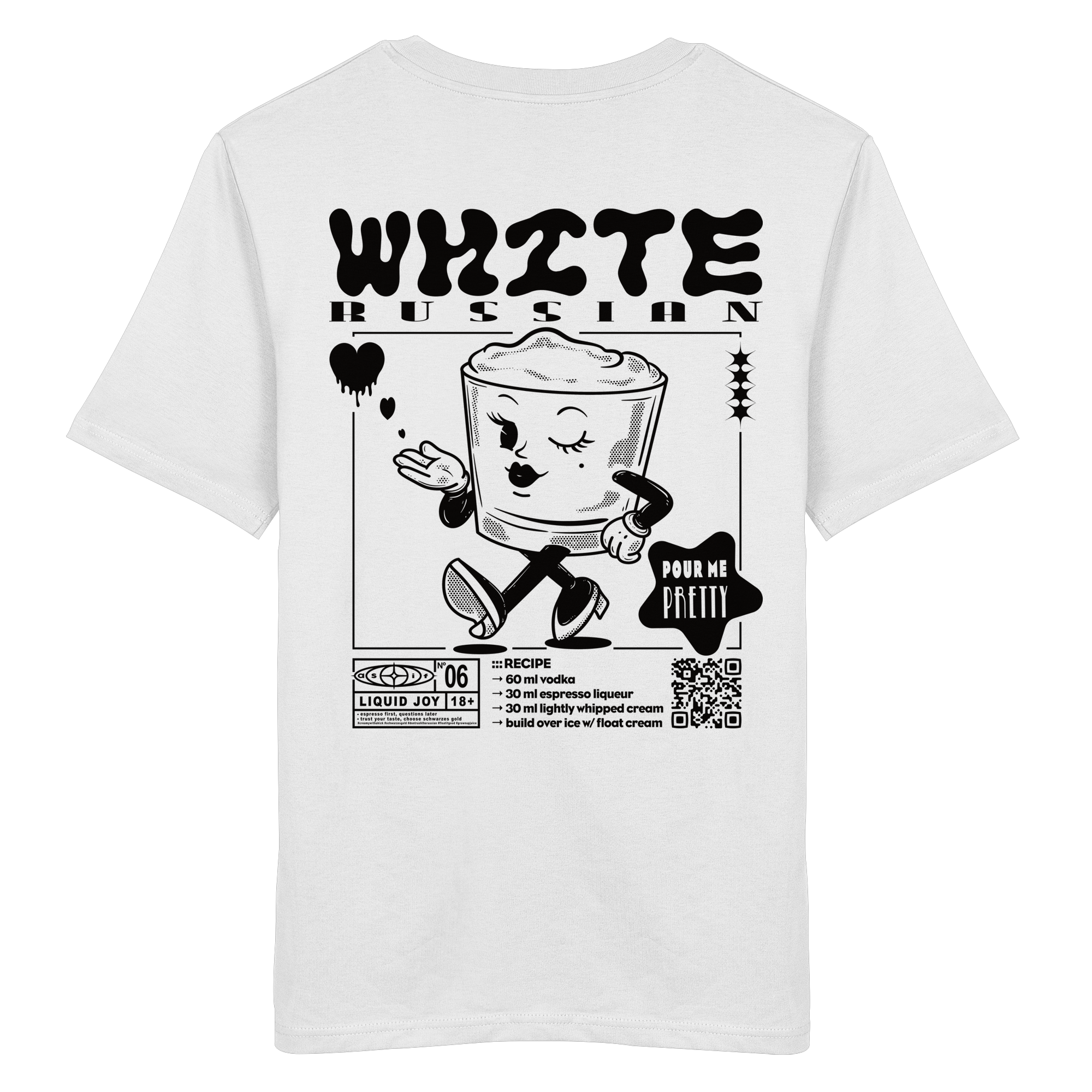 White Russian Bio-Tee in White, Rückseite mit Cocktail-Print — as.if.threads