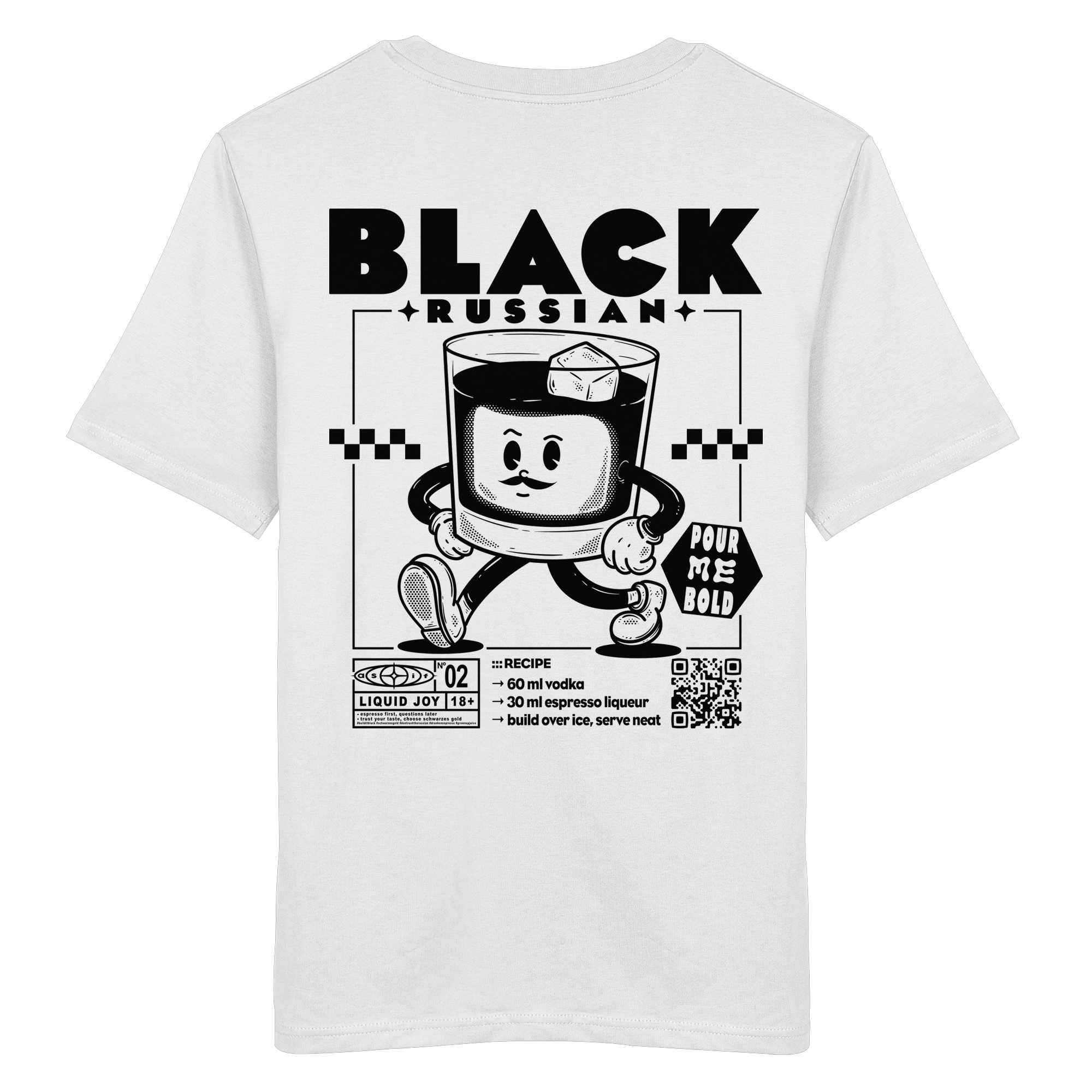 Black Russian Bio-Tee in White, Rückseite mit Cocktail-Print — as.if.threads