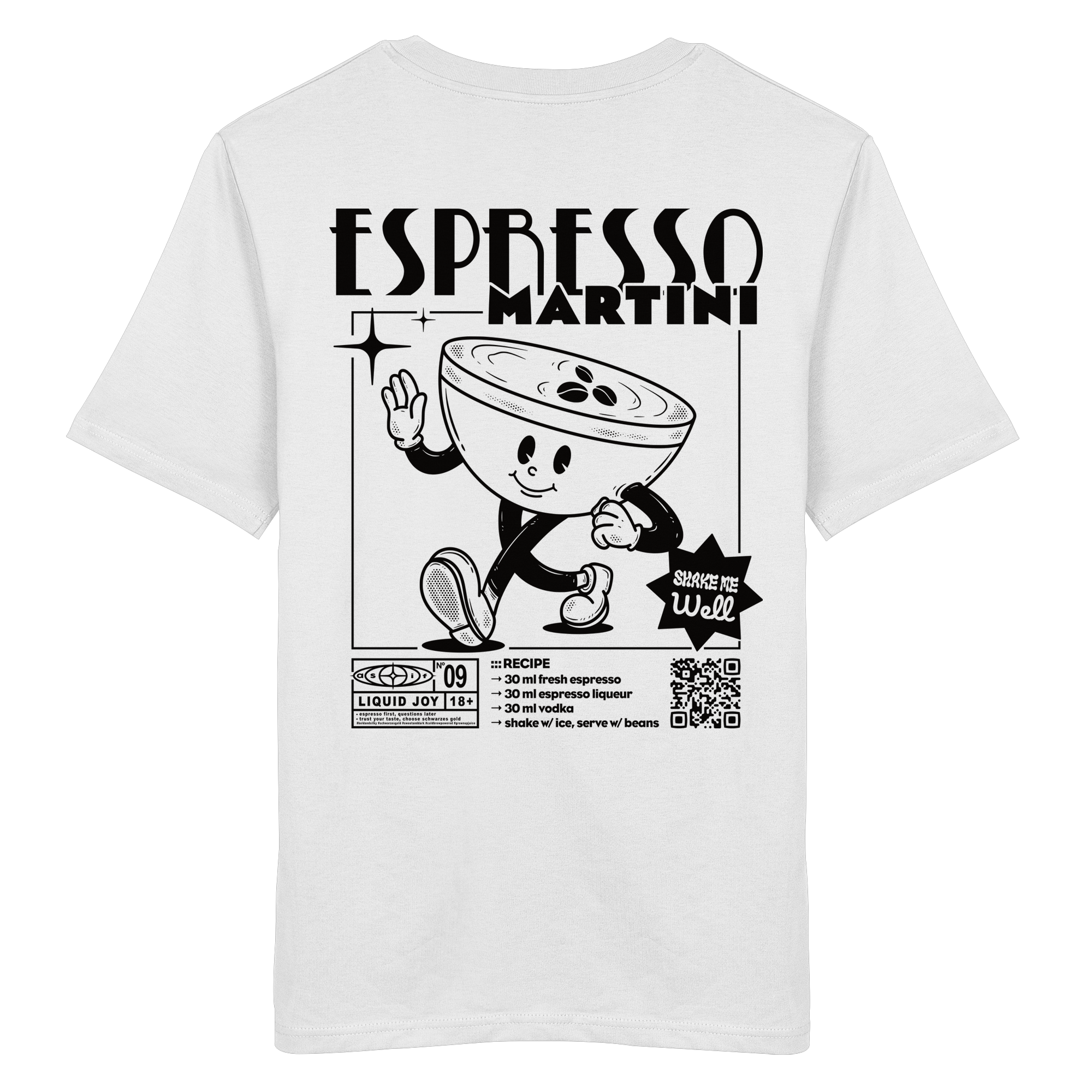 Espresso Martini Bio-Tee in White — Rückseite mit Maskottchen & Cocktail-Rezept-Print, Stanley/Stella Bio-Cotton aus Köln