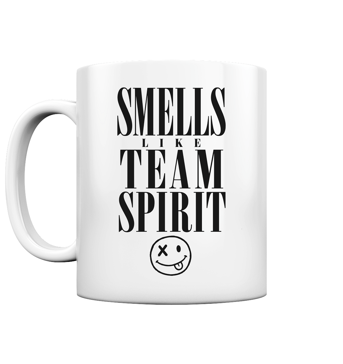 Smells Like Team Spirit Tasse, hochweiße Keramik mit Print — as.if.threads Köln