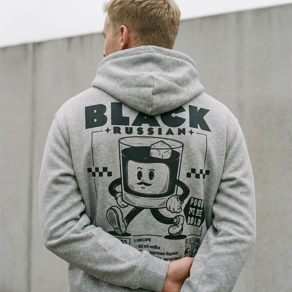 Black Russian Bio-Hoodie in Heather Grey am Model — Bio-Cotton aus Köln, as.if.threads