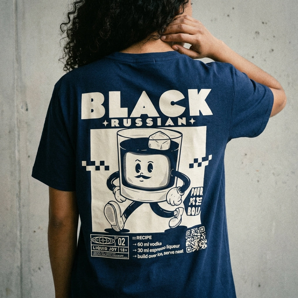 Black Russian Bio-Tee in French Navy am Model — Stanley/Stella Bio-Cotton, as.if.threads