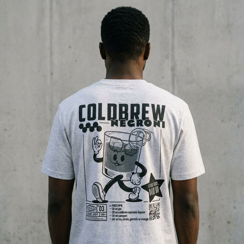 Coldbrew Negroni Bio-Tee in Heather Grey, Rückseite am Model — Bio-Cotton aus Köln, as.if.threads