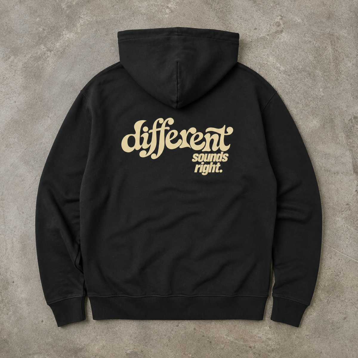 Different Sounds Right Bio-Hoodie in Black - Rückenansicht mit großem Backprint - as.if.threads