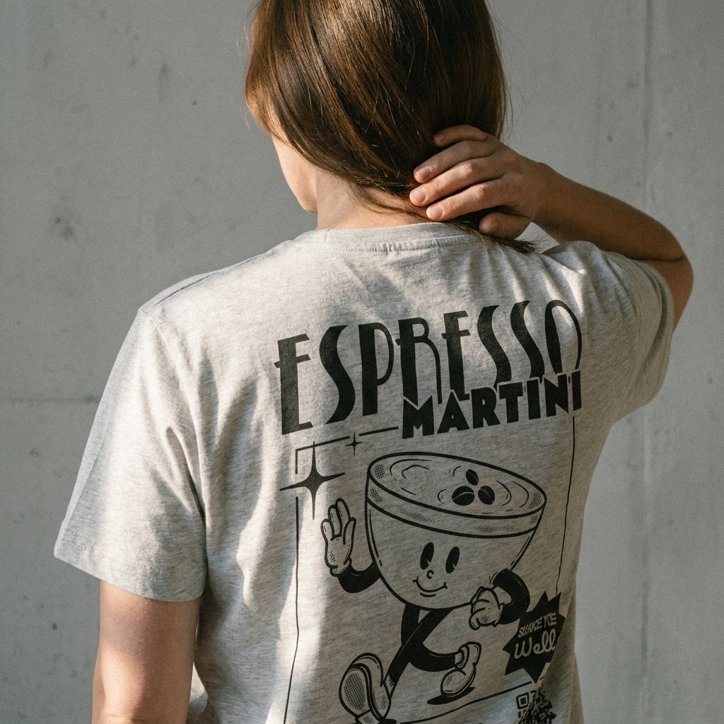 Espresso Martini Bio-Tee in Heather Grey am Model — Stanley/Stella Bio-Cotton, as.if.threads