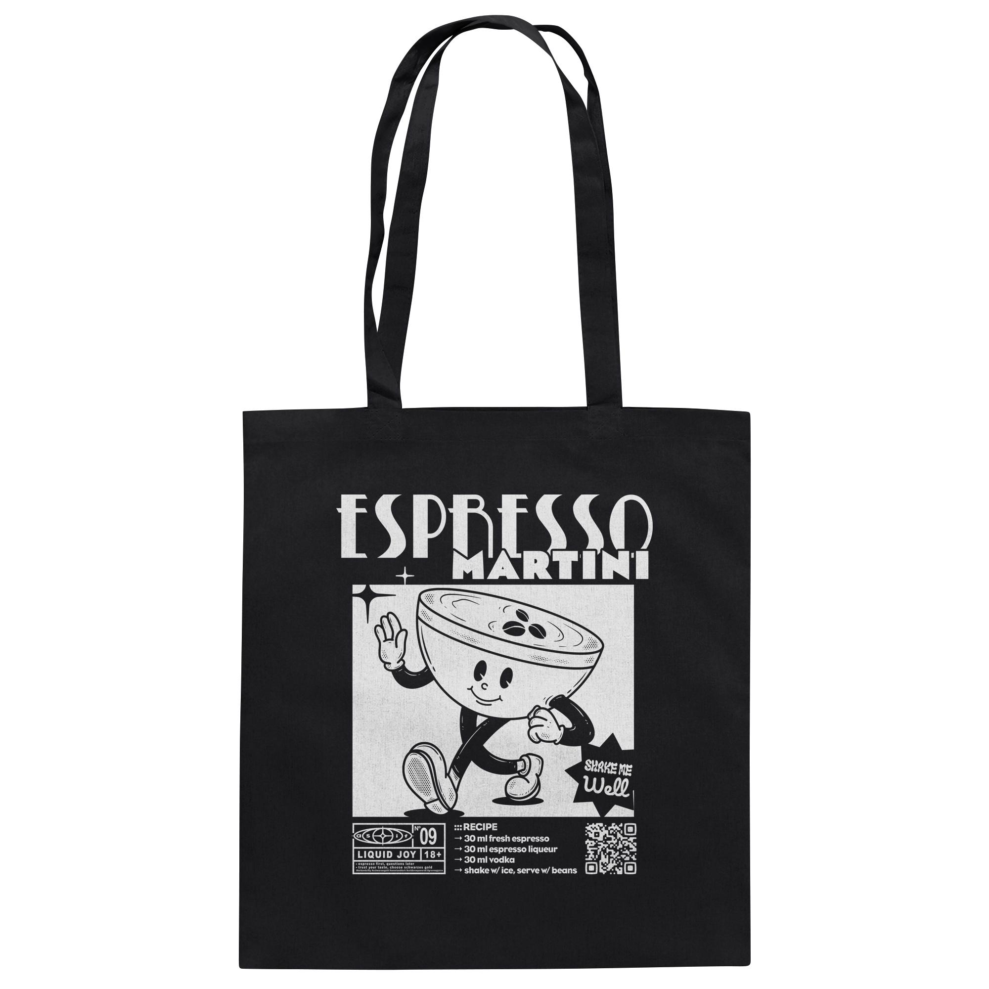 Espresso Martini Baumwolltasche in Black, beidseitig bedruckt mit Grafik und Rezept – Liquid Joy No. 09 von as.if.threads