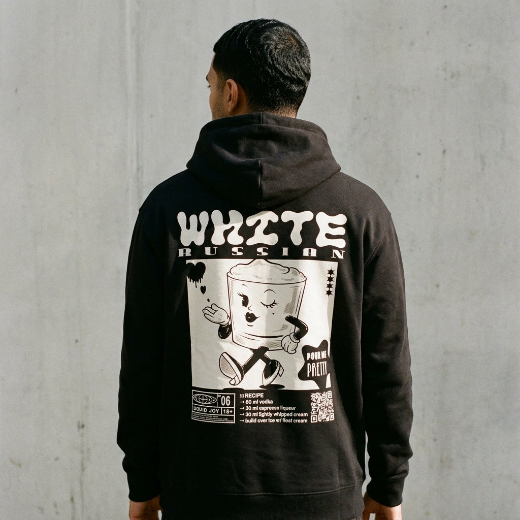 White Russian Bio-Hoodie in Black am Model — Stanley/Stella Bio-Cotton aus Köln, as.if.threads