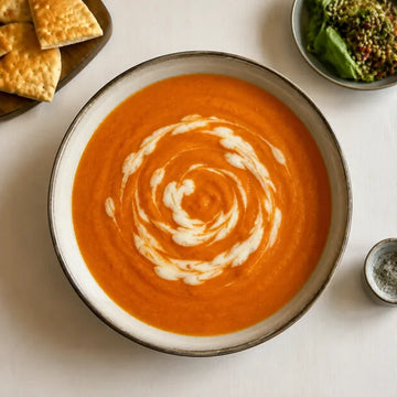Süßkartoffel-Tomaten-Suppe mit Kokoscreme.